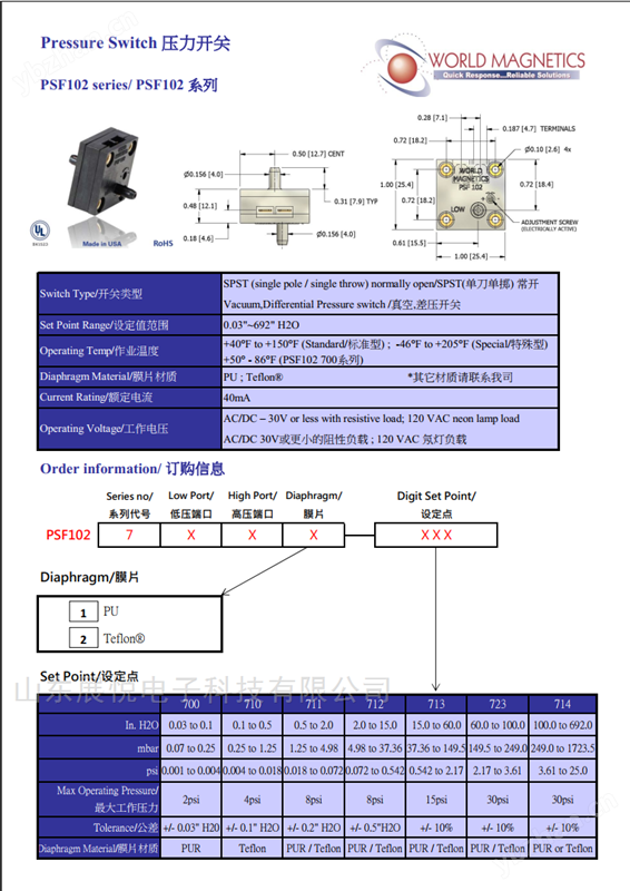 world magnetics美国世磁PSF102压差开关
