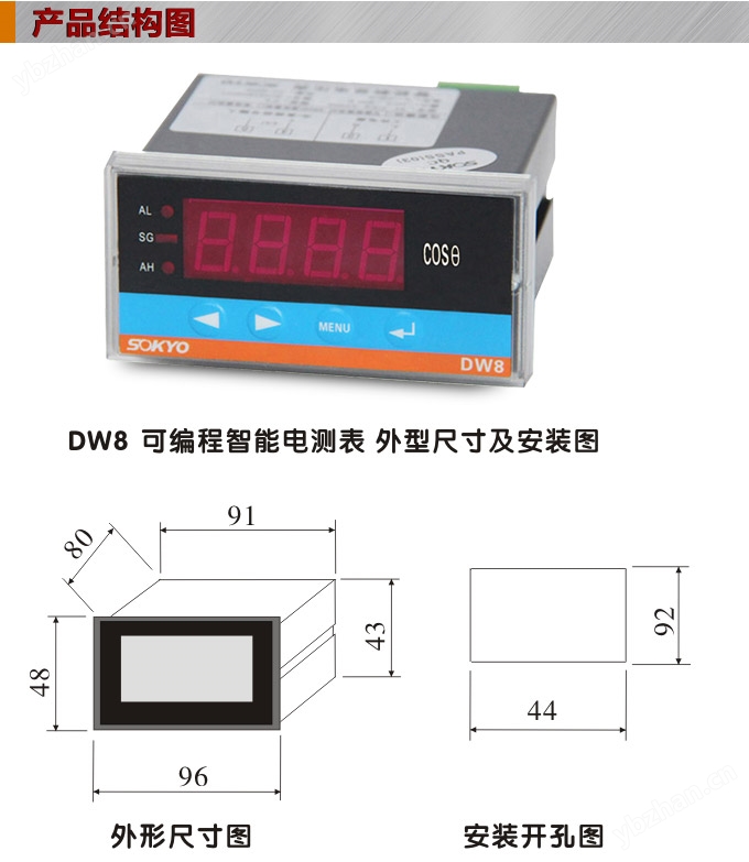 数字功率因数表,DW8三相功率因数表产品外形结构图 数字功率因数表,DW8三相功率因数表产品外形结构图