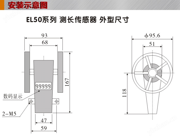 测长传感器,EL50计长传感器,米轮,旋转编码器安装示意图 测长传感器,EL50计长传感器,米轮,旋转编码器安装示意图